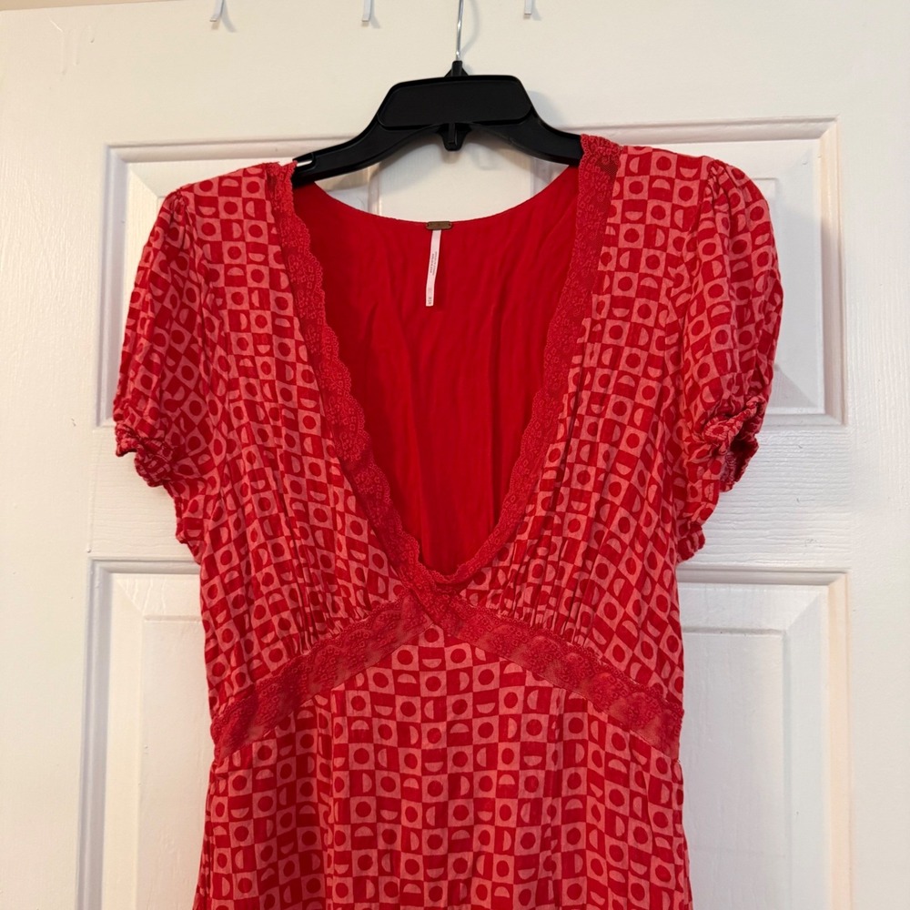 Free People Red Geometric Lace Trim V-Neck Midi Dress with Front Slit Size S - Picture 5 of 9